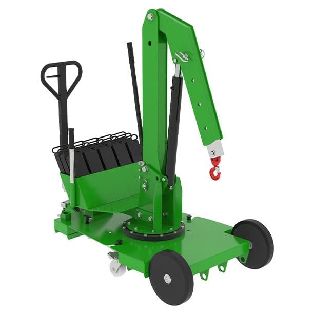 Grue d’atelier manuelle 400 kg à mât rotatif 360°, compacte pour levage en espace restreint, chantier, maintenance et installation professionnelle.